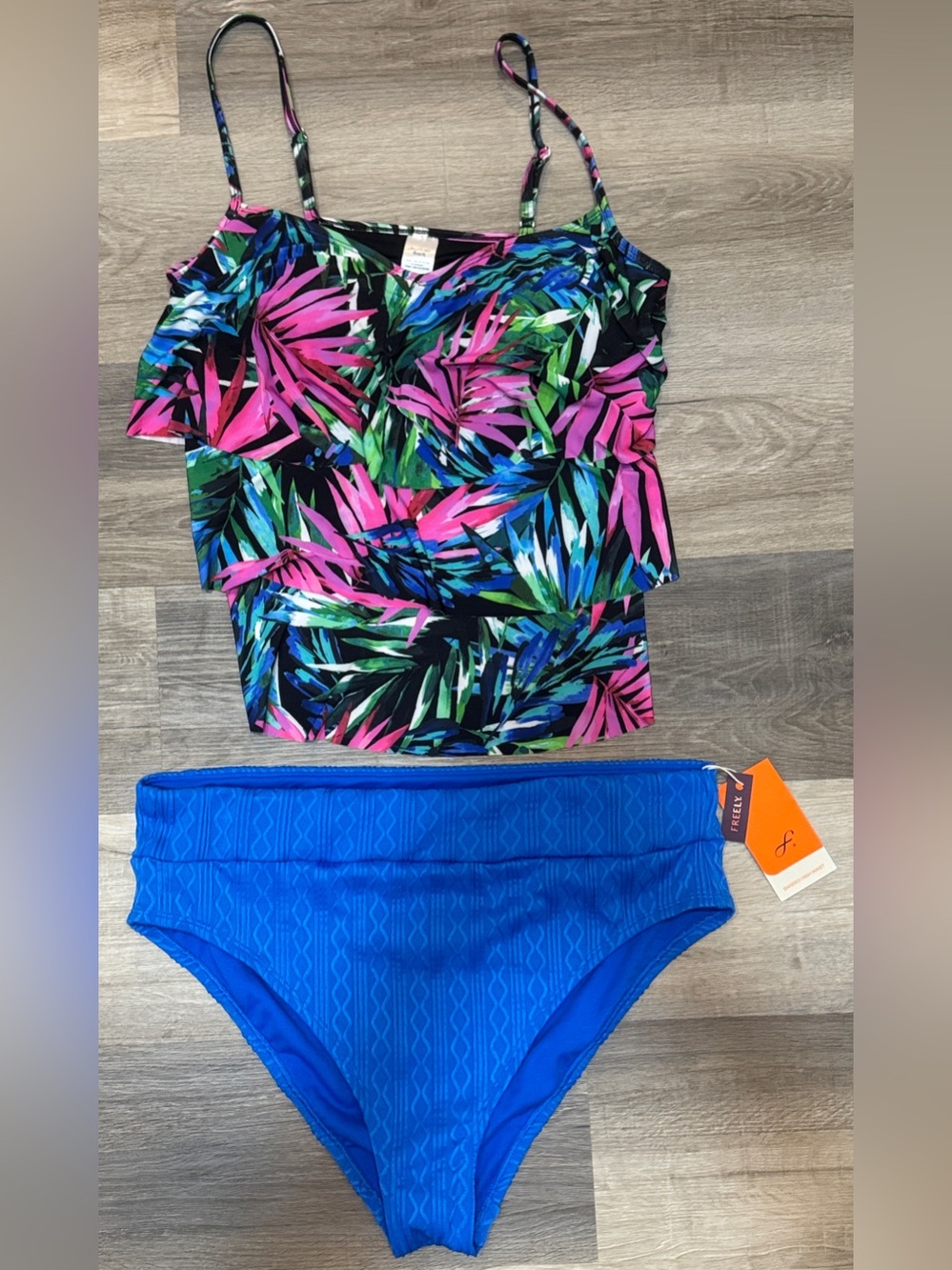 Tropical Tankini Swim Set in Pink, Green & Blue w/ Blue Bottoms